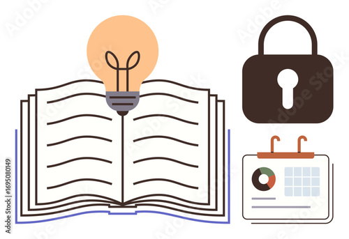 Open book with lightbulb emphasizing ideas and learning, padlock for security, and a calendar for planning. Ideal for education, innovation, security, strategy, productivity, time management