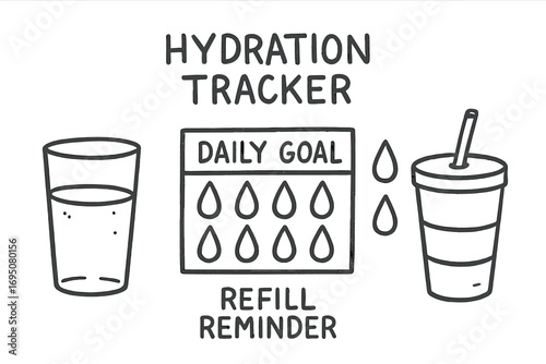 Hydration Tracker Elements. Hydration tracker: hand drawn doodles of water glass, daily goal chart, drop icons, refill reminder,
