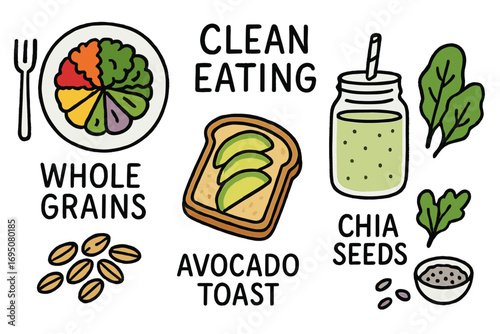 Colorful Clean Eating. Clean eating: hand drawn doodles of rainbow plate, whole grains, avocado toast, smoothie jar, chia seeds,
