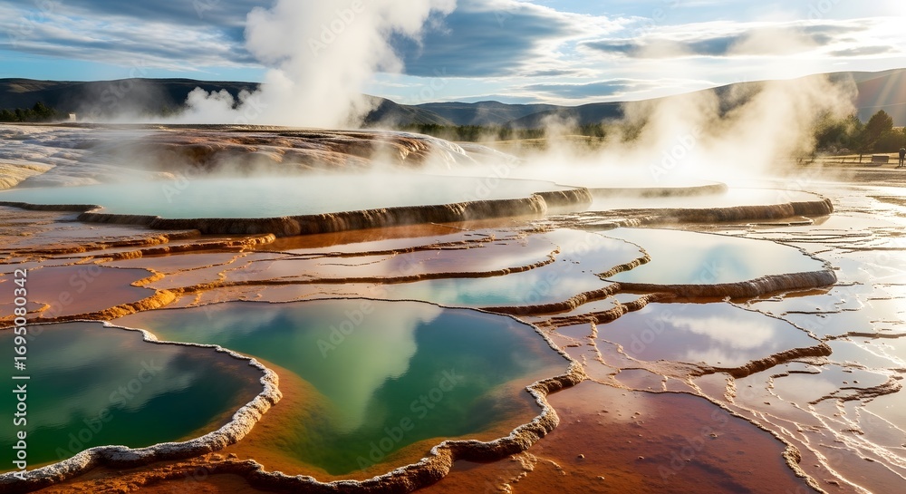Fototapeta premium Vibrant geothermal pools with steam rising in a colorful landscape at sunrise