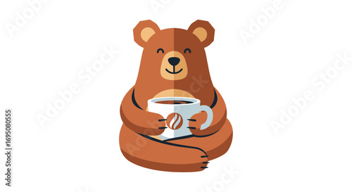 Content Cartoon Bear Enjoying a Cup of Coffee.