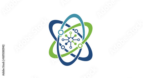 Abstract Atom Logo with Interconnected Dots and Orbits.