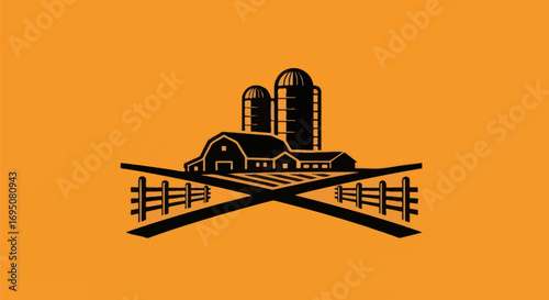 Farm Scene Illustration with Barn and Silos.