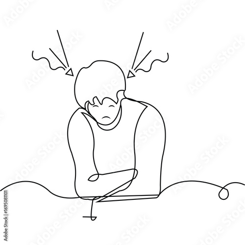 Upset Boy Line Art Vector Illustration for Mental Health and Sadness