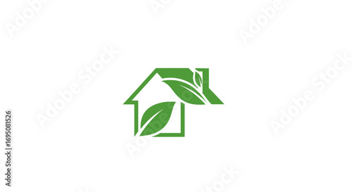 Green house logo with leaves representing eco-friendly living.