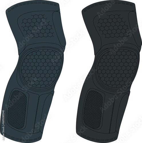 Black knee pads, hexagonal texture, protective gear, ergonomic design, sports accessory, impact resistant, breathable sleeve, joint support, athletic wear, durable stitching