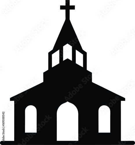 Black Silhouette Icon of a Church with a Steeple and Cross chapel religious