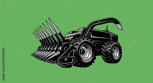 Heavy Duty Forestry Mulcher Machine Illustration Black And White.