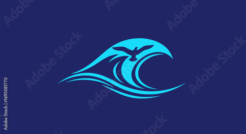 Stylized blue ocean wave with an integrated eagle silhouette logo.