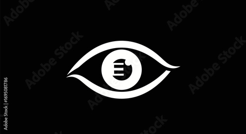 Stylized eye with euro symbol in pupil on black background.
