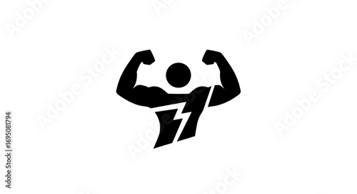 Muscular person flexing arms with lightning bolt symbol representing strength and energy.