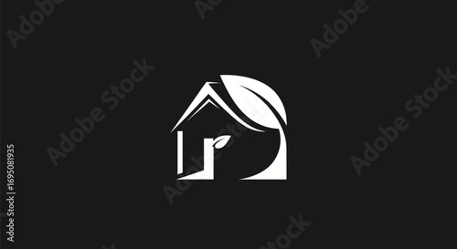 Eco friendly house symbol with green leaf design.