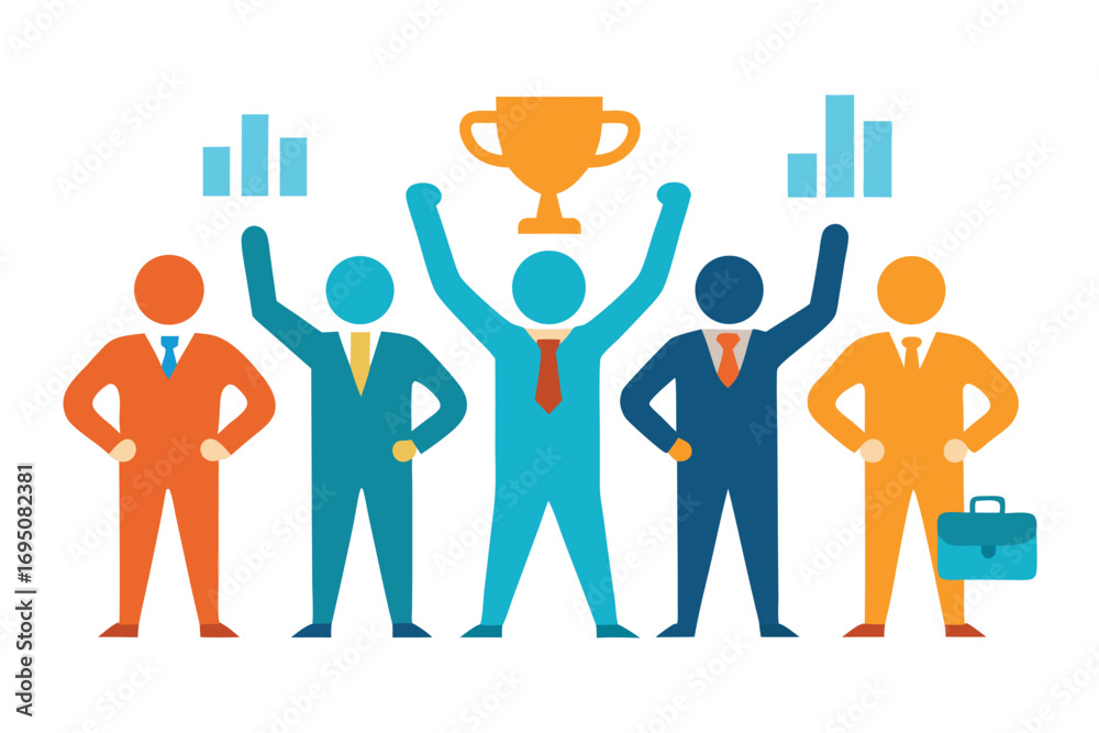 Fototapeta premium Team celebrating success and achievement, illustrated with business figures and data charts