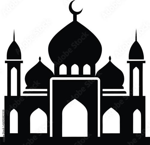 Black silhouette of a mosque with domes and minarets on a white background islamic religion