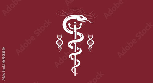 Caduceus with DNA Helix Symbols in White on Maroon.
