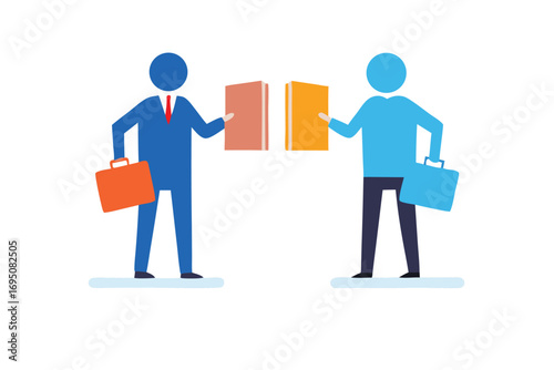 Two abstract business people exchanging documents in a professional setting, concept art