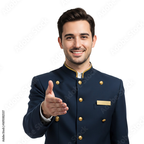 Welcoming Hotel Receptionist Offering Handshake on Transparent Background in Professional Setting