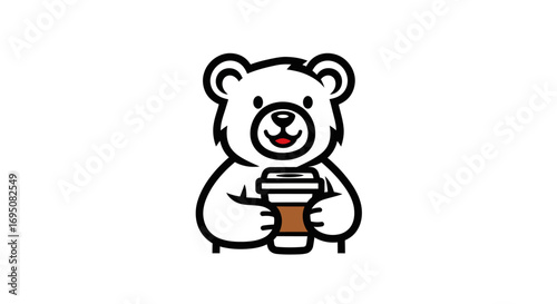 Cute cartoon white bear holding a takeaway coffee cup.