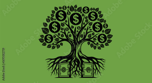 Financial Growth Concept: Money Tree with Roots and Vaults.