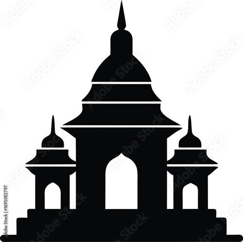 Silhouette of a traditional temple or palace with multiple domes and tiered levels on a white background