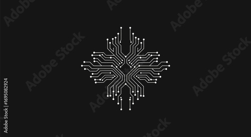 Abstract digital network pattern with central processor and radiating connections.
