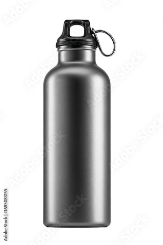 A metallic gray water bottle, vertically oriented, displays a smooth, reflective surface. A black cap with a small, attached loop is visible