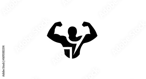Muscular Man Flexing Biceps Strength and Fitness Icon.