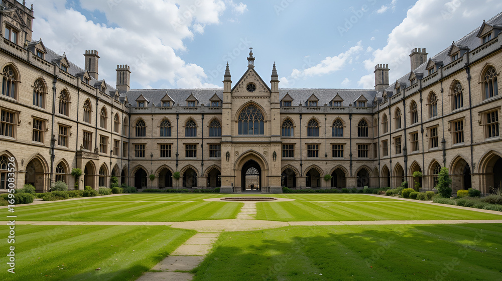 Obraz premium gothic university quadrangle, manicured lawn, historic stone architecture