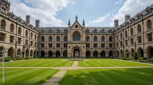 gothic university quadrangle, manicured lawn, historic stone architecture