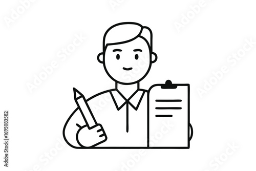 A minimalist illustration of a man with a clipboard and pen reviewing documents