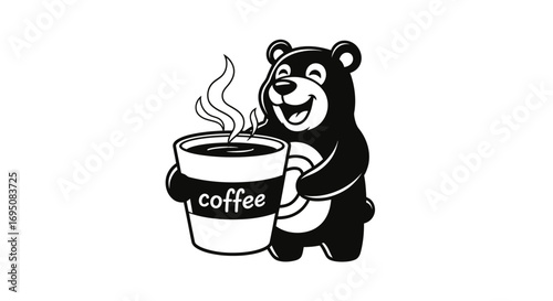 Happy bear character holding a steaming cup of coffee illustration.