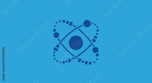 Stylized atomic structure with orbiting particles representing electrons and nucleus.