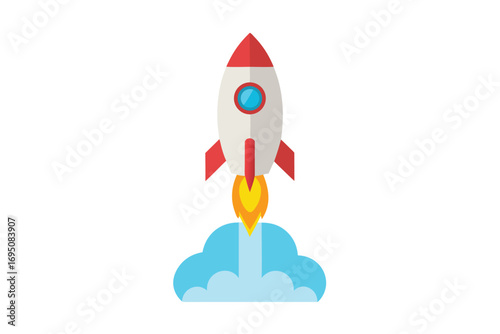 Cartoon rocket launch with smoke trail on a white background illustration