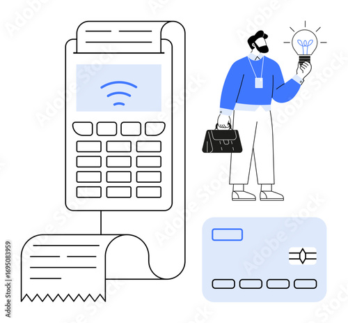 Payment terminal with printed receipt, businessman in formal attire holding lightbulb, and contactless card. Ideal for e-commerce, innovation, cashless transactions, business solutions, digital