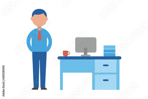 Office worker near his desk at a computer with coffee mug
