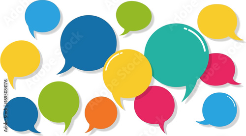 Vibrant speech bubbles floating on a white backdrop, representing communication and dialogue