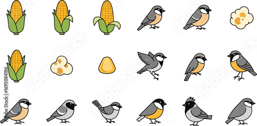Cartoon corn and birds illustrations a delightful collection of nature's wonders in vector art