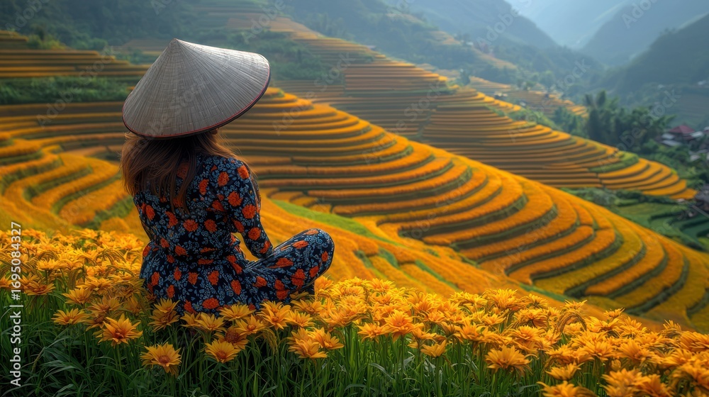 Fototapeta premium Woman in conical hat admires golden rice terraces, Vietnam