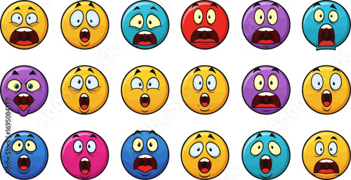 Expressionistic Emoticons: A Diverse Range of Shocked and Surprised Faces Displayed Across a White