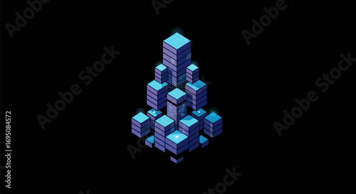Abstract isometric pixel art of a futuristic city with glowing cubes.