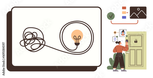 Lightbulb connected to tangled cable, woman identifying solutions by unlocking door on digital display. Ideal for creativity, problem-solving, innovation, brainstorming, decision-making, inspiration