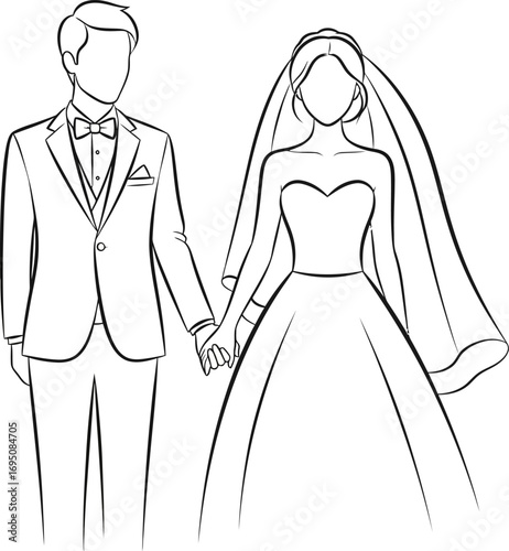 Elegant wedding couple illustration in simple line art style expressing matrimonial bliss and