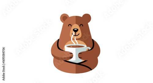 Cute cartoon brown bear enjoying a hot cup of coffee.