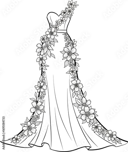 Elegant floral adorned gown illustration offering a simple and refined aesthetic suitable for