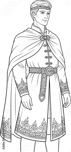 Illustration of a nobleman wearing a robe with decorative elements and crown for coloring pages