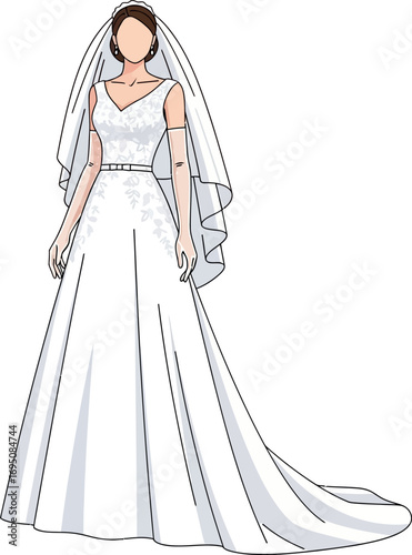 Elegant bride illustration in a timeless white gown with flowing veil depiction of matrimonial bliss