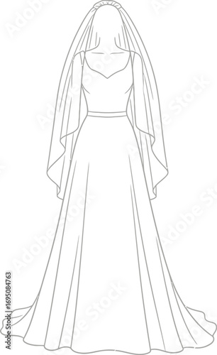Elegant bridal gown sketch with veil, portraying minimalist wedding concept and design elements