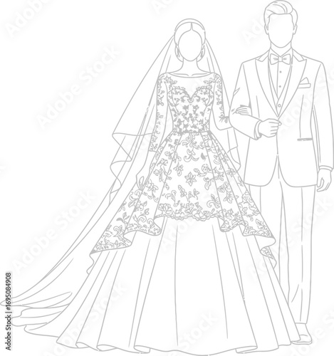 Elegance of matrimony: A refined outline of a bride and groom in formal attire portraying a