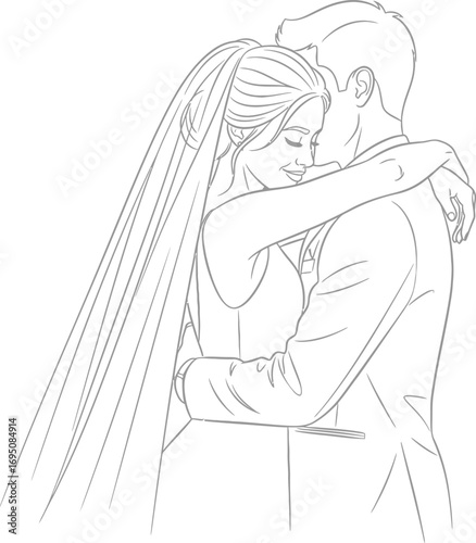 Elegant wedding line art illustration featuring an embracing couple in minimalistic style