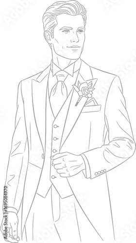 Line drawing of a sophisticated man in a formal suit ideal for design and illustration projects
